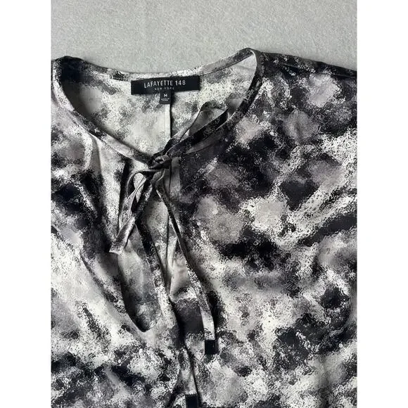 Lafayette 148 Grey printed front tie silk blouse, Size Medium - Picture 2 of 5